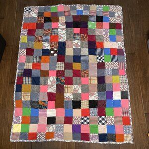 Vtg Crazy Quilt Handmade MCM 1960s Colorful Squares Polyester 57" x 42"
